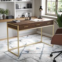 Martha Stewart - Ollie Walnut 3 Drawer Home Office Desk with Polished Brass Metal Frame and Hardw... - Alternate Views