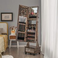 Costway - Jewelry Cabinet Armoire Full-Length Mirror Lockable with 3-Color LED Lights - Coffee - Angle
