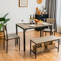 Costway 4pcs Dining Table Set Rustic Desk 2 Chairs & Bench w/ Storage Rack - Grey - Angle