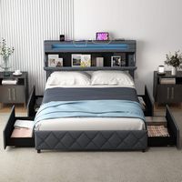 Costway Full Size Bed Frame with Led Lights & Charging Station & Modern Upholstered Bed - Gray - Angle