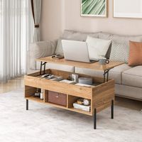 Costway Lift Top Coffee Table with Storage Compartment & 3 Open Cubbies for Living Room - Natural - Angle