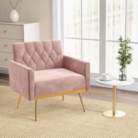 Costway - Modern Velvet Button Tufted Back Accent Chair with Golden Metal Legs and Foot Pads - Pink - Angle