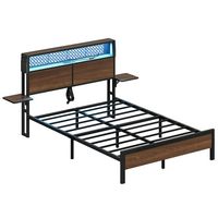 Bestier - Full Size Metal Platform Bed Frame with LED Storage Headboard and Charging Station - Brown - Angle