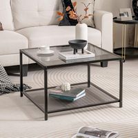 Costway Glass Coffee Table 27.5 Inch 2-Tier Square with Mesh Shelf Living Room Grey - Grey and Black - Angle