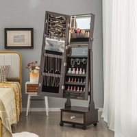 Costway - Jewelry Cabinet Armoire Full-Length Mirror Lockable with 3-Color LED Lights - Brown - Angle
