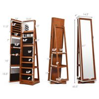 Costway - 360degree Rotatable Jewelry Cabinet 2-in-1 Lockable Mirrored Organizer - Brown - Angle