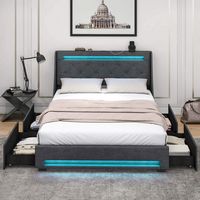 Costway Full Size Bed Frame with LED Lights & Charging Station Upholstered Platform Bed - Gray - Angle