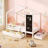 Costway Twin House Bed with 2 Storage Drawers Solid Wood Platform Bed with Blackboard - White - Angle