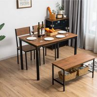 Costway 4pcs Dining Table Set Rustic Desk 2 Chairs & Bench w/ Storage Rack - Brown - Angle