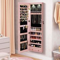 Costway - Mirrored Wall & Door Mounted Jewelry Cabinet Storage Organizer with Lights&Drawer - Pink - Angle