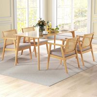 Costway Mid Century Modern Accent Chairs Set of 4 with Breathable Rattan Back Dining Room - Natural - Angle