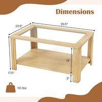 Costway 2-Tier Coffee Table with Tempered Glass Tabletop & Storage Shelf Rounded Corners - Natural - Angle