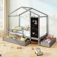 Costway Twin House Bed with 2 Storage Drawers Solid Wood Platform Bed with Blackboard - Gray - Angle