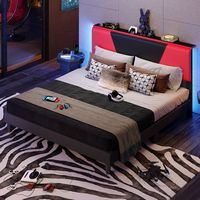 Bestier - King Size Bed Frame with LED Adjustable Storage headboard, PU Leather Upholstered Platf... - Angle
