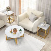 Costway 3 PCS Coffee Table Set Round Coffee Table and 2PCS Square End Tables Metal Frame White - ... - Angle
