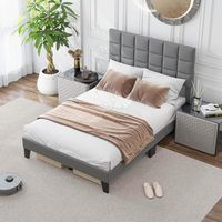 Costway Full Size Bed Frame Modern Linen Fabric Upholstered Platform Bed with Headboard - Gray - Angle