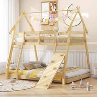 Costway Twin Over Queen Bunk Bed House Shaped Bed Frame with Climbing Nets and Ramp - Beige - Angle