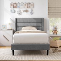 Costway Twin Bed Frame with Wingback Headboard Linen Upholstered Platform Bed - Grey - Angle