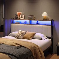 Pinmoco - Queen Size LED Linen Upholstered Storage Headboard with Charging Station - Beige - Beige - Angle