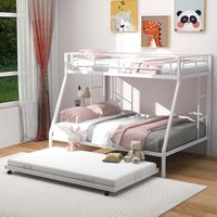 Costway Twin Over Full Metal Slats Bunk Bed Frame with Trundle, Guard Rail & Ladders - White - Angle