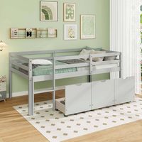 Costway Twin Size Low Loft Bed with 3 Drawers Ladder & Full-length Guardrails Storage - Grey - Angle