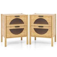 Costway 2 PCS Bamboo Nightstand with 2 Storage Drawers & Reeded Tempered Glass Fronts Bedroom - N... - Angle