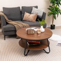 Costway 2-Tier Round Coffee Table with Wood Grain Finish & Heavy-duty Metal Frame - Walnut - Angle