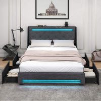 Costway Queen Size Bed Frame with LED Lights & Charging Station Upholstered Platform Bed - Gray - Angle