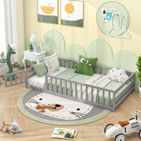 Costway Twin Size Floor Bed with Door & Fence with Safety Guardrails & Slats Support - Gray - Angle