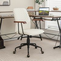 Costway - Velvet Home Office Chair with Adjustable Swivel and Wooden Armrest - Beige - Angle