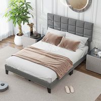 Costway Queen Size Bed Frame Modern Linen Fabric Upholstered Platform Bed with Headboard - Gray - Angle