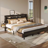 Bestier King Bed Frame Golden Stripe Headboard LED Nightstands Metal Platform No Box Spring - Black - Angle