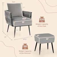 Costway - Modern Dutch Velvet Accent Chair and Ottoman Set - Gray - Angle