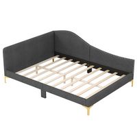 Costway Full Size Upholstered Daybed Rivet-Tufted Platform Bed with Metal Legs Wood Slats - Gray - Angle