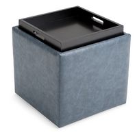 Simpli Home - Rockwood 17 inch Wide Contemporary Square Cube Storage Ottoman with Tray - Denim Blue - Angle