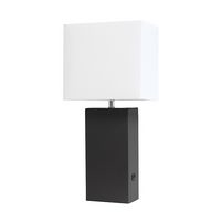 Elegant Designs - Modern Leather Table Lamp with USB and White Fabric Shade - Black - Angle
