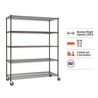 TRINITY - BASICS 5-Tier |60x24x72| Wire Shelving | NSF | w/ Wheels | - Black - Angle