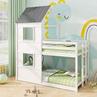 Costway House Bunk Bed Twin Over Twin with Built in Ladder Window & Safety Guardrail - White - Angle