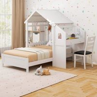 Costway Twin House Bed with Desk & Chair with 2 Drawers Windmill Fence & Headboard for Teens - White - Angle