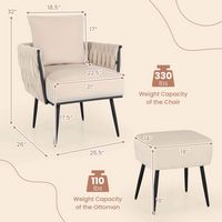 Costway - Modern Dutch Velvet Accent Chair and Ottoman Set - Beige - Angle