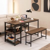 Costway 3 PCS Dining Table Set for 4 Kitchen Dining Room Table & 2 Benches W/ Rack - Coffee, Black - Angle