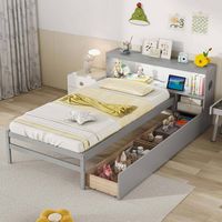 Costway Twin Size Bed Frame with LED Light & Power Outlet Bookcase Headboard Drawers - Gray - Angle