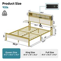 Bestier Queen Bed Frame with Headboard Foldable Shelves LED Lighting Charging Station Non-Slip Me... - Angle