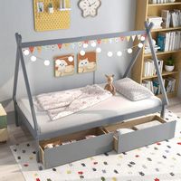Costway Twin Size Wooden House Bed with 2 Drawers Roof Storage for Boys & Girls - Gray - Angle