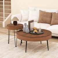 Costway Farmhouse Round CoffeeTable Set of 2 End Table Natural Finish for Living Room - Coffee - Angle