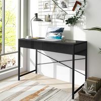 Costway - Computer Desk Metal Frame Study Table Home Office Workstation with 2 Drawers - Black - Angle