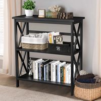Costway - Wooden Shelf Bookcase 3-Tier Open Bookshelf W/X-Design Freestanding Rack - Black - Angle