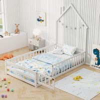 Costway Twin Size Montessori Floor Bed for Toddler with Lockable Door Full-Length Guardrail - White - Angle