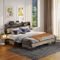 Bestier King Bed Frame Golden Stripe Headboard LED Nightstands Metal Platform No Box Spring - Grey - Angle