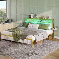 Bestier - King Size Bed Frame with Upholstered Headboard Built-in Storage LED Lighting and Chargi... - Angle